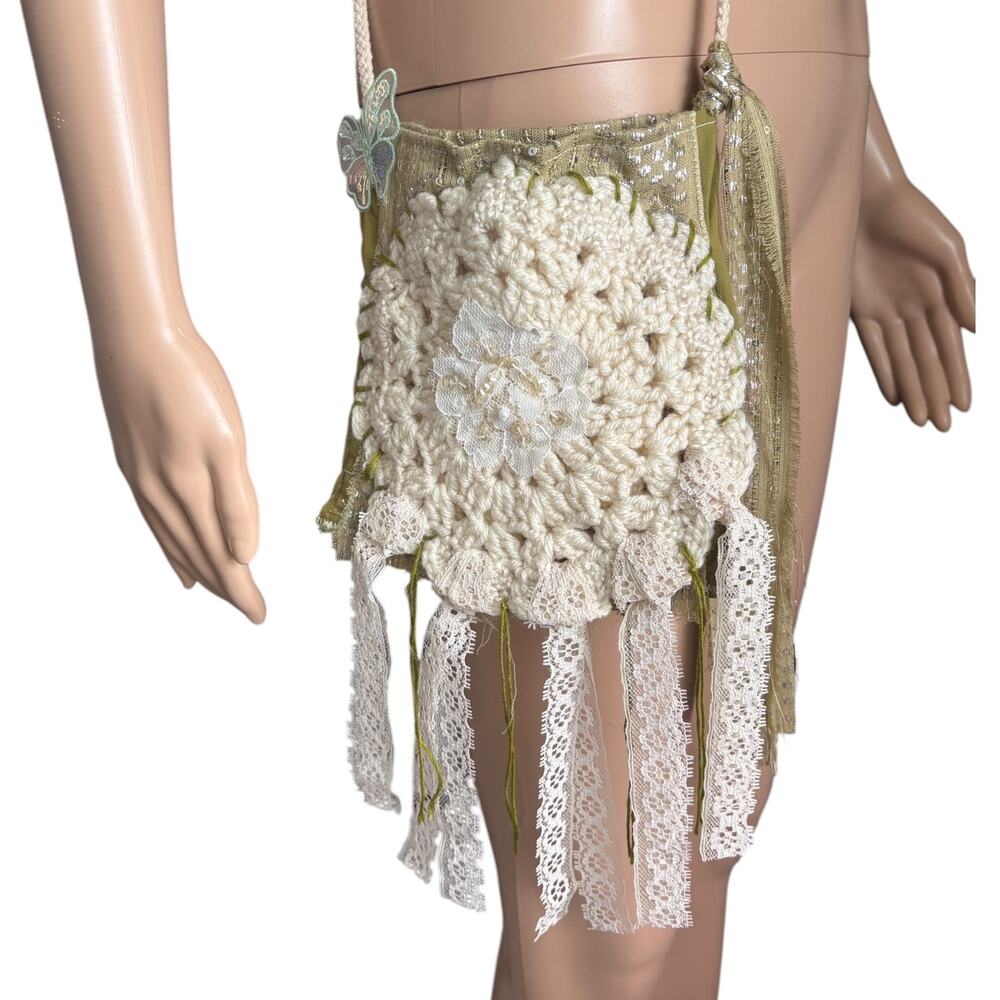 Handmade Crochet Doily Fairy Crossbody Bag Lace Boho Festival Earthy Butterfly